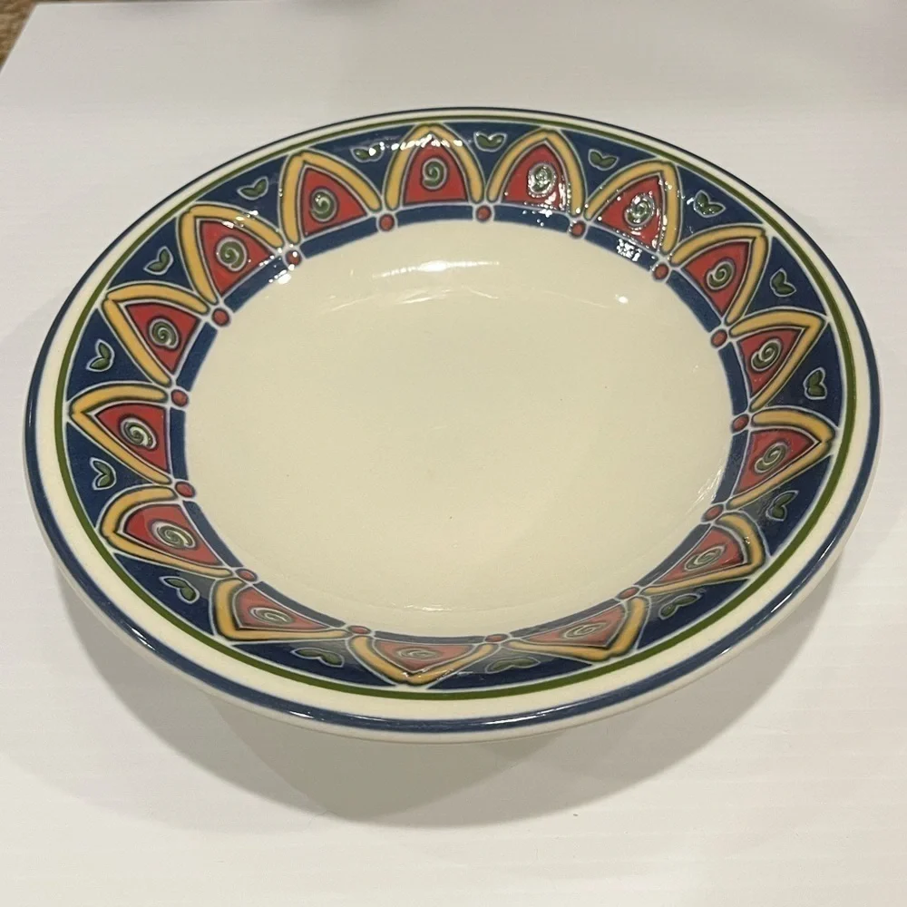 Pier 1 Bowl Red, Blue. Yellow Geometric Pattern 8 1/4 inches